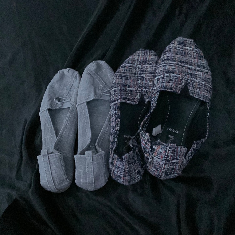 I have gray flat shoes and multicolored ones